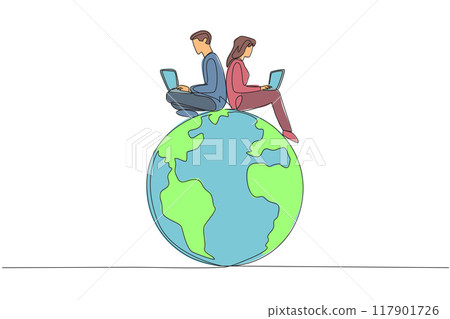 Single one line drawing man and woman sitting on globe typing on a laptop. Plan and create broadcast messages to jointly protect the beauty of the earth. Continuous line design graphic illustration 117901726
