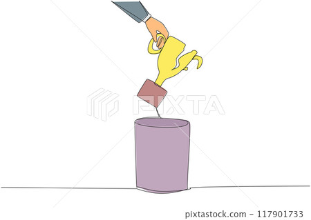 Continuous one line drawing businessman's hand throwing away broken trophy. Past glories can only be remembered. Make it a motivation to be better. Cracked. Single line draw design vector illustration 117901733