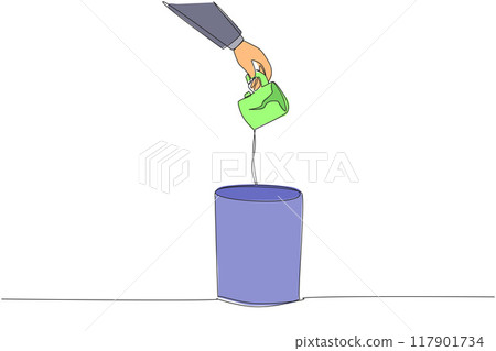 Single continuous line drawing businessman's hand throws away broken mug. businessman's hand throws away broken mug. Can not be used. Drinking water will seep out. One line design vector illustration 117901734