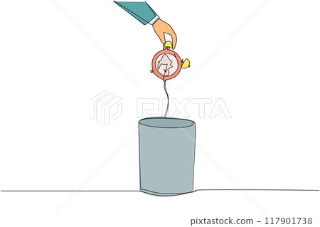 Single continuous line drawing businessman's hand throwing away a broken alarm clock. Able to work effectively and efficiently. Able to utilize time. Time is money. One line design vector illustration 117901738