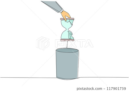 Continuous one line drawing businessman's hand throwing away a broken hourglass. There is no countdown deadline. No reminders. But still have to be responsible. Single line design vector illustration Continuous one line drawing businessman's hand throwing away a broken hourglass. There is no countdown deadline. No reminders. But still have to be responsible. Single line design vector illustration 117901739