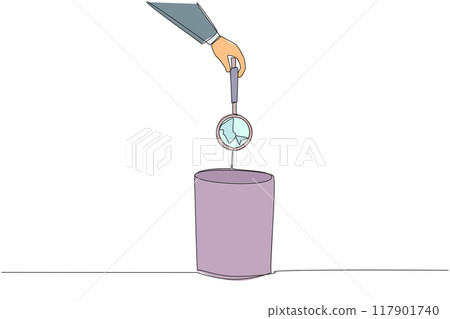 Single continuous line drawing businessman's hand throwing away broken magnifier. Doesn't have optics. Cannot be used for research. Cannot be used for searching. One line design vector illustration 117901740