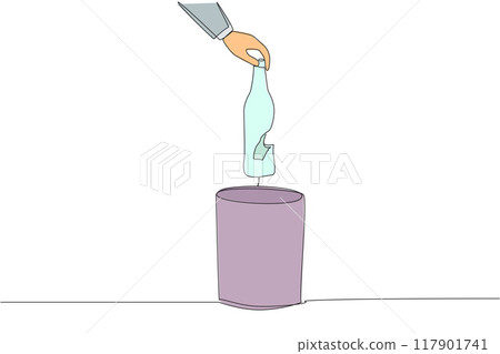 Single one line drawing businessman's hand throwing away a broken bottle. Dangerous. Can be used as sharp weapon. Must be thrown away immediately. Cracked. Continuous line design graphic illustration 117901741