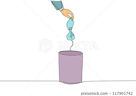 Continuous one line drawing businessman's hand throwing away a crushed plastic bottle. Best way to dispose of plastic items. Can be reused. Can be recycled. Single line draw design vector illustration 117901742