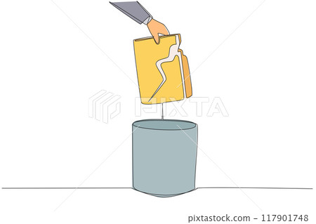 Single continuous line drawing businessman's hand throwing away a broken folder. Replacing archives. Avoid leaks of highly confidential personal data. Wrecked. One line design vector illustration Single continuous line drawing businessman's hand throwing away a broken folder. Replacing archives. Avoid leaks of highly confidential personal data. Wrecked. One line design vector illustration 117901748
