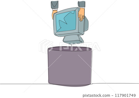 Continuous one line drawing businessman's hand throws away tube monitor whose screen is cracked. Outdated technology. Poor color gradation. Useless things. Single line draw design vector illustration Continuous one line drawing businessman's hand throws away tube monitor whose screen is cracked. Outdated technology. Poor color gradation. Useless things. Single line draw design vector illustration 117901749