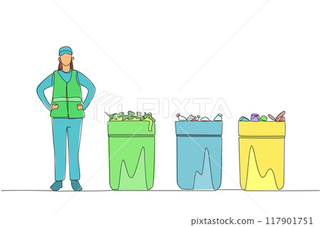 Continuous one line drawing trash woman standing near three trash cans. Waste grouping. Organic trash. Inorganic waste. Hazardous waste. No pollution. Single line draw design vector illustration 117901751