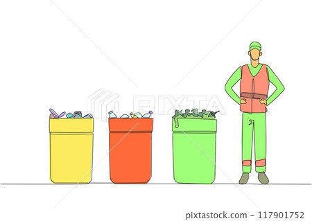 Single one line drawing trash man standing near three trash cans. Waste grouping. Simplify the process at the landfill. Reuse. Styled like a HSE Officer. Continuous line design graphic illustration 117901752