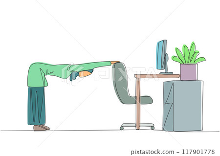 Single continuous line drawing Arabian woman bowed while holding her hand on her work chair. Stretch the body. Makes relax during overtime on the weekends. Hectic. One line design vector illustration Single continuous line drawing Arabian woman bowed while holding her hand on her work chair. Stretch the body. Makes relax during overtime on the weekends. Hectic. One line design vector illustration 117901778