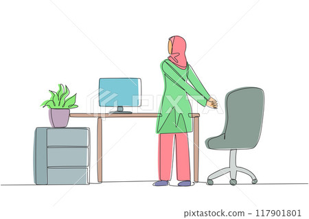 Single continuous line drawing Arabian woman stands with her hands behind her back. Stretching while reviewing the many reports that have been received. Overtime. One line design vector illustration 117901801
