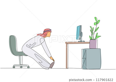 Single one line drawing Arabian man sitting in work chair with legs straightened. Stretching. Light exercise while at the office. Maintain health. Hectic. Continuous line design graphic illustration Single one line drawing Arabian man sitting in work chair with legs straightened. Stretching. Light exercise while at the office. Maintain health. Hectic. Continuous line design graphic illustration 117901822