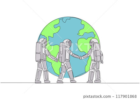 Single continuous line drawing group of astronauts standing arm in arm around globe. The mission to plant as many trees as possible has been completed. Celebration. One line design vector illustration 117901868