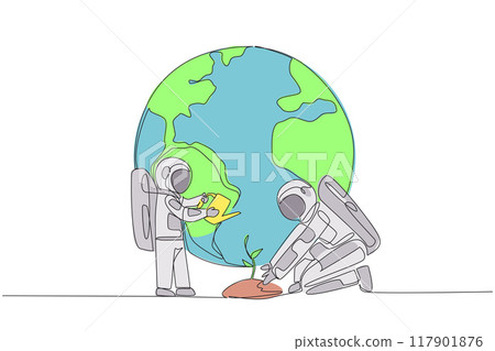 Single one line drawing little astronaut standing watering the plants. A special lesson to love the earth. Teach from an early age. Cosmonaut save planet. Continuous line design graphic illustration 117901876