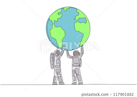 Single one line drawing two astronauts hold up globe together with both hands. Returning from expedition, enthusiasm for protecting earth grow stronger. Continuous line design graphic illustration 117901882