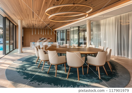A large dining room with an oval table and chairs. The ceiling is made of wooden planks. 117901979