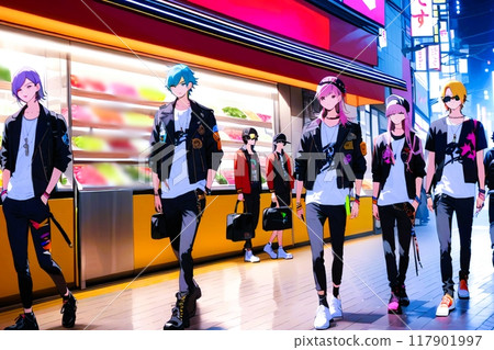 色彩繽紛的頭髮的年輕人在市中心行走 117901997