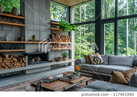 A modern living room with concrete walls, wood shelves, and a fireplace in a forest house. 117901998
