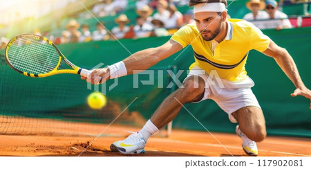 Professional tennis player returning a ball during match 117902081
