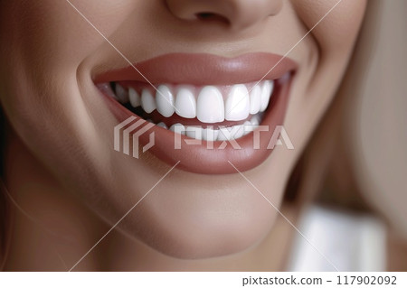 Close-up of a beautiful, smiling woman with white teeth. This is a healthy mouth concept close-up 117902092