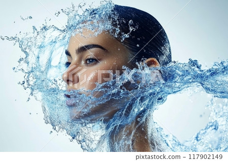 Beautiful woman surrounded by splashing water for beauty concept 117902149