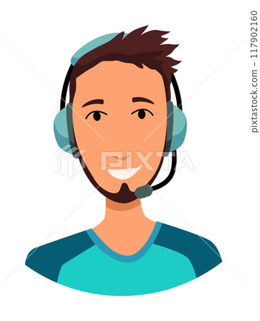 Call center operator avatar with headphone. Online support service assistant. Male customer help manager. Vector illustration of character 117902160