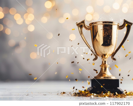 Golden trophy celebrating winning competition with falling confetti 117902170