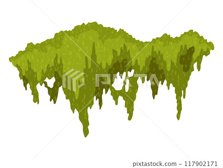 Cartoon jungle moss shape. Green swamp moss, forest hanging and creeping lichen. Rainy forest flora. Marsh plant for computer games isolated on white. Flat vector illustration 117902171