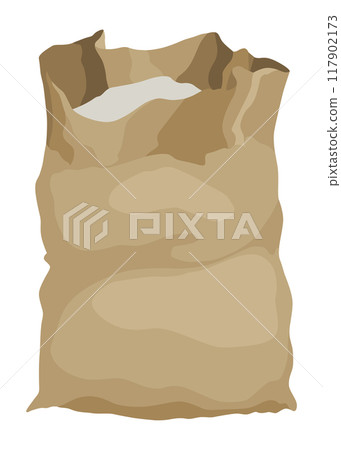 Burlap farmer bag with flour, rice or salt. Agricultural product. Farm production in brown textile bale, open sack with product inside. Cartoon vector icon Burlap farmer bag with flour, rice or salt. Agricultural product. Farm production in brown textile bale, open sack with product inside. Cartoon vector icon 117902173