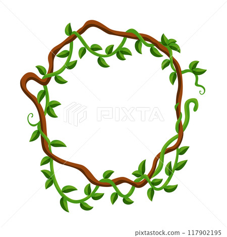 Liana jungle frame. Rainforest liana wild greenery. Cartoon plant, creeper branch. Grass and wood leaf sign. Botany texture. Vector forest game element 117902195