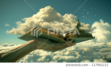 Female hand holding open book with church on top above clouds 117902212