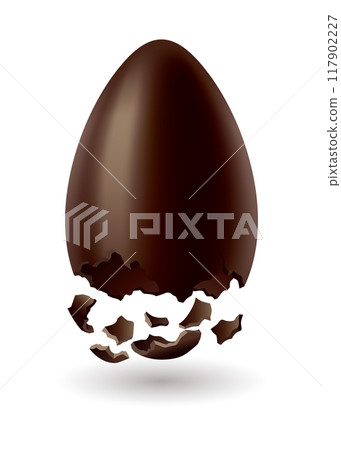 Chocolate egg. Broken, exploded eggshell. Kids confectionery, candy with surprise. Restaurant, cafe menu design. Vector dessert made of dark cocoa 117902227