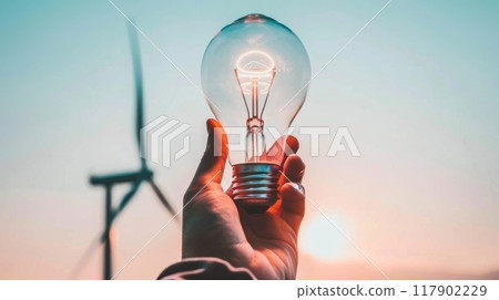 Close up of hand holding light bulb with wind turbine in background 117902229