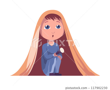 Childhood fears nightmares. Girl in room. Scared children sitting on bed under blanket. Cartoon character isolated on white background. Vector illustration Childhood fears nightmares. Girl in room. Scared children sitting on bed under blanket. Cartoon character isolated on white background. Vector illustration 117902230