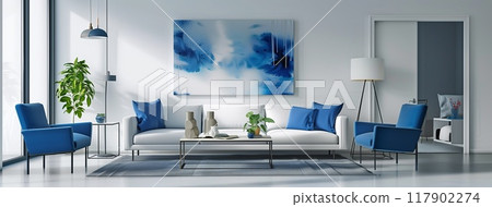 Modern living room with blue accents and white sofa, featuring an abstract painting on the wall above it. 117902274
