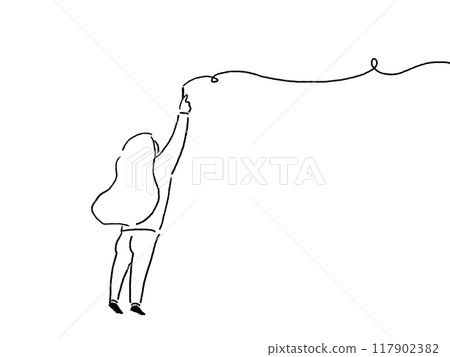Back view of a woman drawing a line with chalk, line drawing Back view of a woman drawing a line with chalk, line drawing 117902382