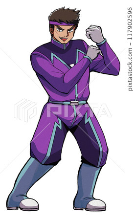 Illustration of a male member of a retro anime superhero team boasting his strength Illustration of a male member of a retro anime superhero team boasting his strength 117902596