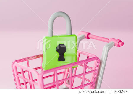 3D render of padlock in shopping cart on pink background 3D render of padlock in shopping cart on pink background 117902623