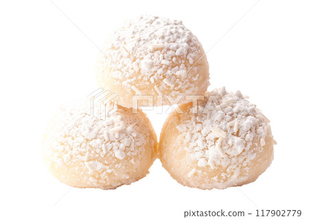 Snowball cookie or lemon almond meringue cookies dusted with powdered sugar isolated on white transparent background. Snowball cookie or lemon almond meringue cookies dusted with powdered sugar isolated on white transparent background. 117902779