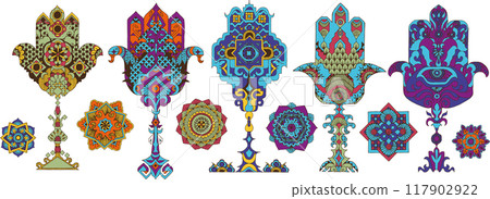 Five different trees in the form of talismans with nazar, the palm of Fatima. Five different trees in the form of talismans with nazar, the palm of Fatima. 117902922
