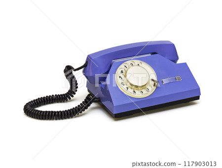 Retro telephone with a round dialer is on a white background Retro telephone with a round dialer is on a white background 117903013