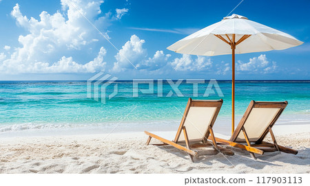 藍色的海和白色的沙灘椅 117903113