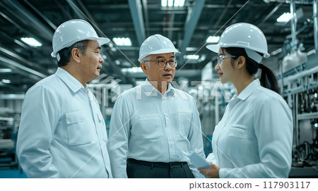 Engineers wearing helmets discussing in factory Engineers wearing helmets discussing in factory 117903117