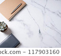 Notebook and plant on marble desk 117903160