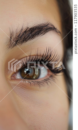 Close-up of a Woman's Eye with Lush Eyelashes 117903535