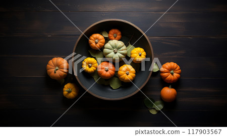 Rustic Autumn Harvest Display with Small Pumpkins 117903567