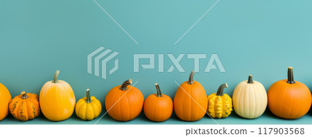 Colorful Pumpkins and Autumn Leaves on Light Blue Background banner 117903568