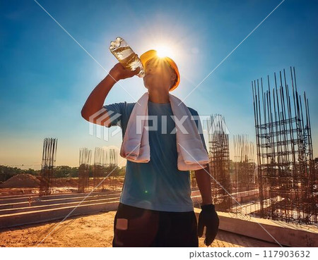 一名男工程師在建築工地補充水分 117903632