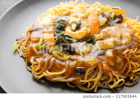 Delicious Chinese food, frozen mixed vegetable fried noodles with thickened sauce 117903644
