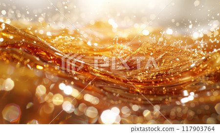 Golden beer splashing with bubbles and foam in a close-up view, capturing the vibrant amber liquid in motion 117903764
