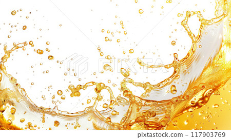 Golden beer splashing with dynamic motion and bubbles against a white background, showcasing the energy and effervescence of a fresh pour 117903769